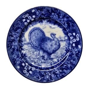 Wedgewood Flow Blue Turkey Plate 8.75" Antique Deep Blue Transferware England